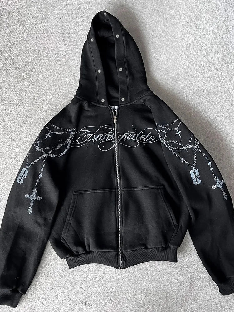 Faux Fur Hooded Jacket with Cross Print with incorporated Edgy Zip 