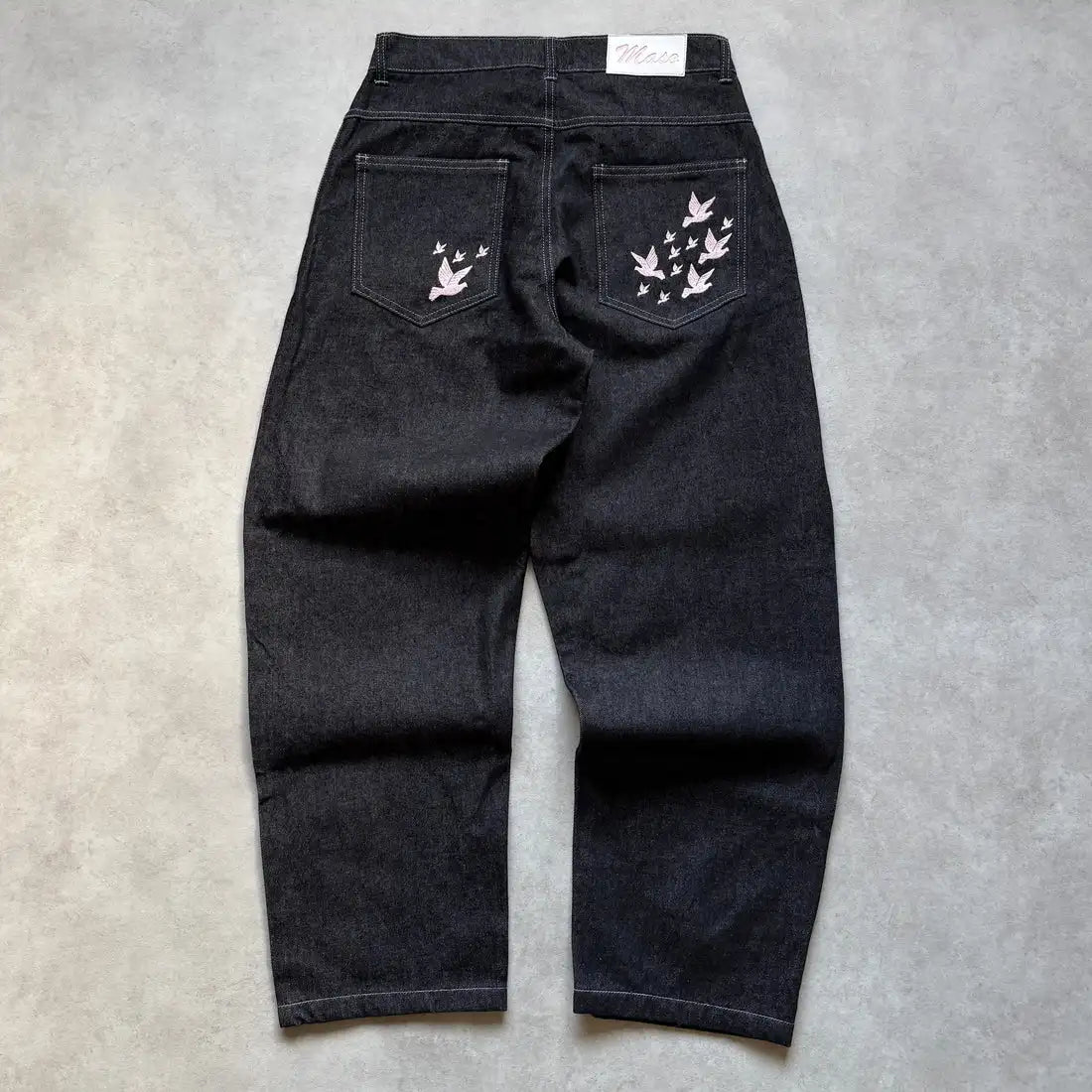 Y2K Trendy Skate Man Jeans Unisex High Waisted Loose Fit Denim Trousers with Bird Print Detail Retro Washed Straight Leg Jeans