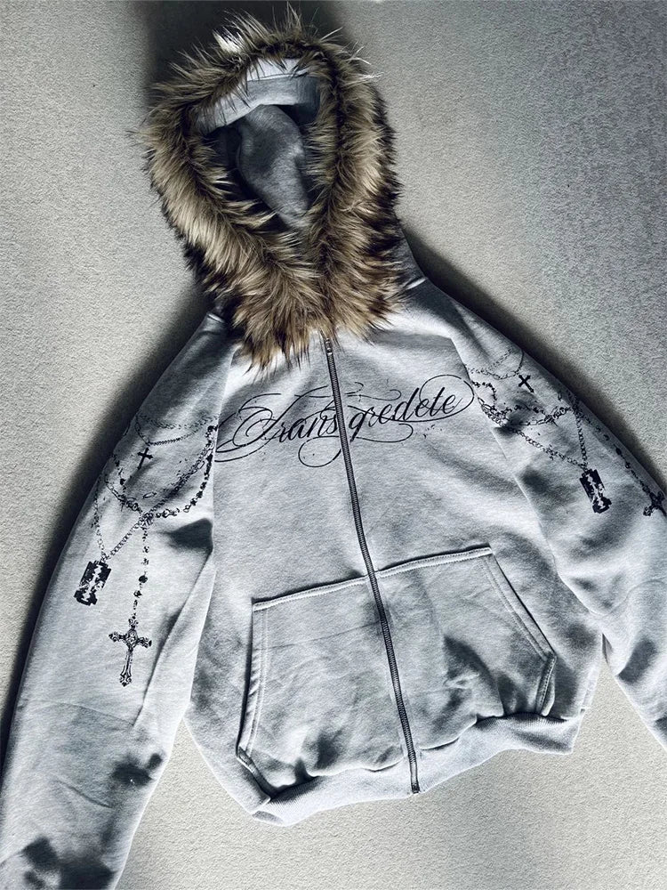 Faux Fur Hooded Jacket with Cross Print with incorporated Edgy Zip 