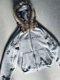 Faux Fur Hooded Jacket with Cross Print with incorporated Edgy Zip 