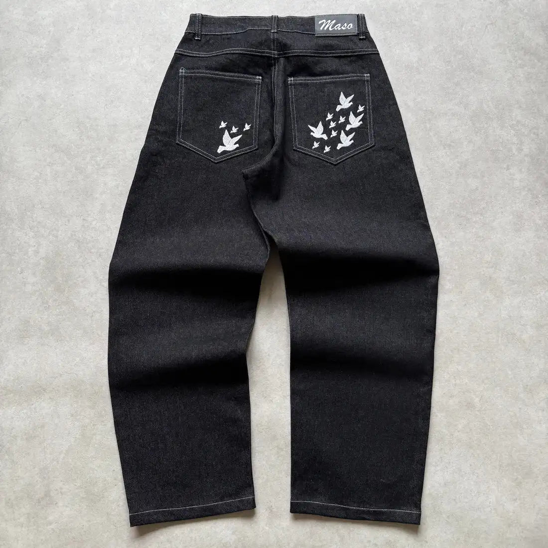 Y2K Trendy Skate Man Jeans Unisex High Waisted Loose Fit Denim Trousers with Bird Print Detail Retro Washed Straight Leg Jeans