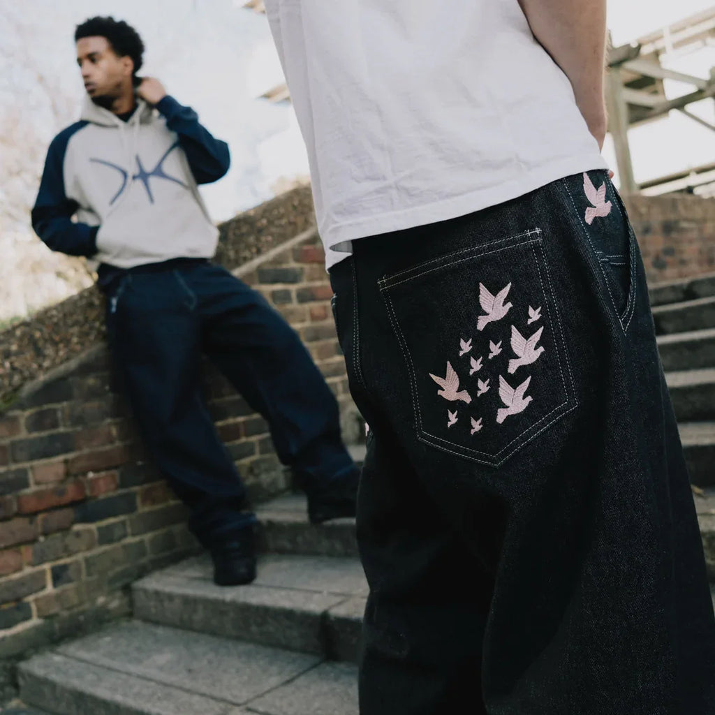 Y2K Trendy Skate Man Jeans Unisex High Waisted Loose Fit Denim Trousers with Bird Print Detail Retro Washed Straight Leg Jeans