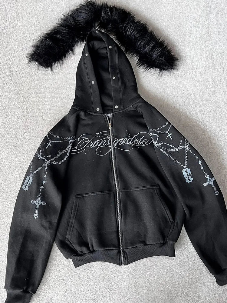 Faux Fur Hooded Jacket with Cross Print with incorporated Edgy Zip 