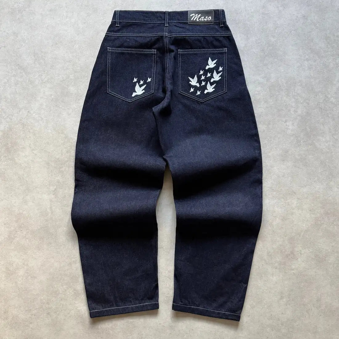 Y2K Trendy Skate Man Jeans Unisex High Waisted Loose Fit Denim Trousers with Bird Print Detail Retro Washed Straight Leg Jeans