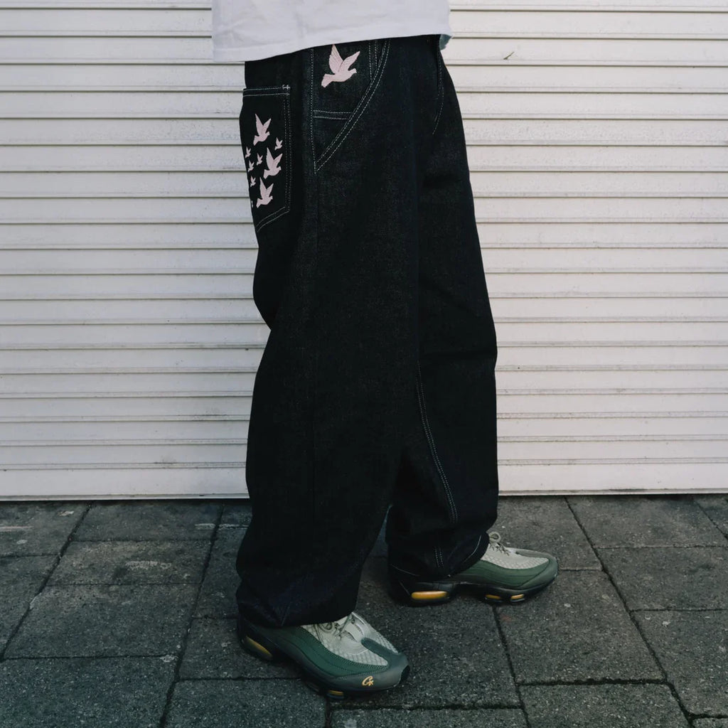 Y2K Trendy Skate Man Jeans Unisex High Waisted Loose Fit Denim Trousers with Bird Print Detail Retro Washed Straight Leg Jeans