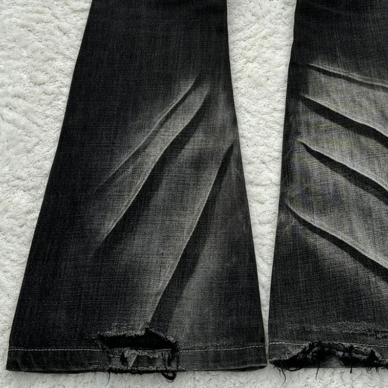 Noir Distressed Cured Denim Flare Jeans   01 / 01 